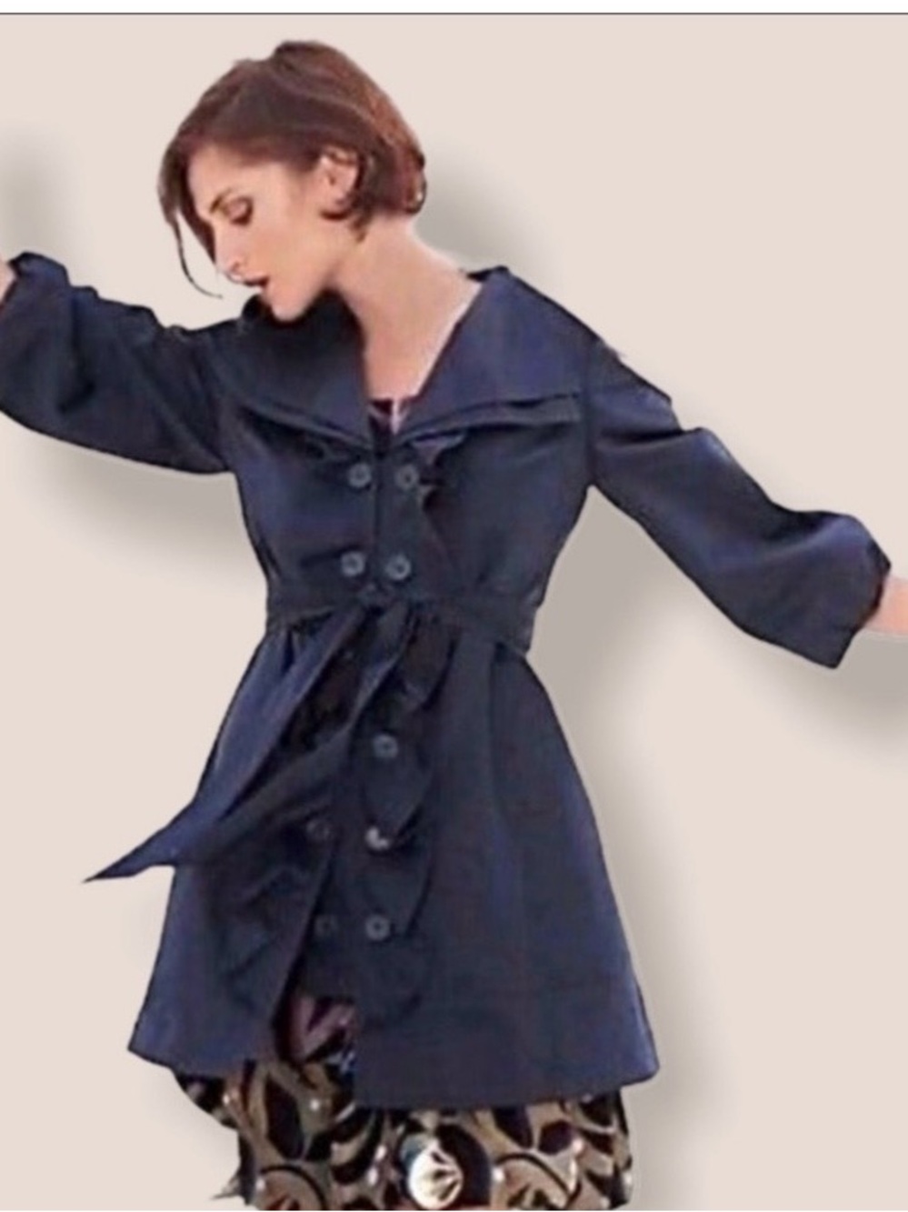 ANTHROPOLOGY IDRA | Navy Whimsy Double Ruffle Trench Coat Jacket Belted | 2